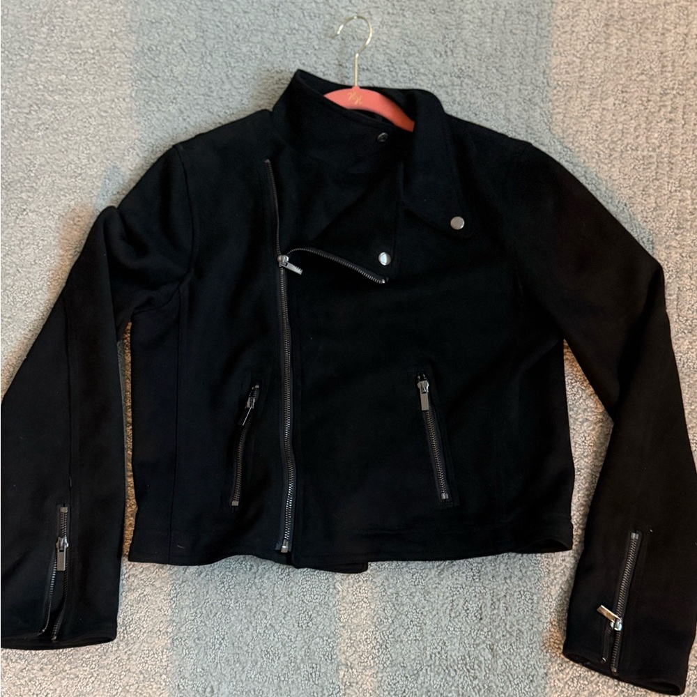 Shinestar Black Moto Jacket Womens Cropped Biker Zip Up Faux Suede Style